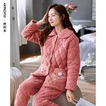 2021 new pajamas womens winter thickened coral velvet three-layer cotton mother middle-aged flannel home clothing