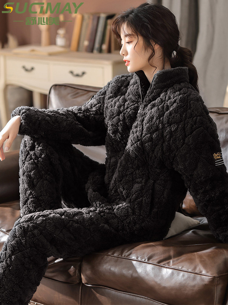 Pajamas women's winter thickened velvet coral velvet three-layer padded jacket stand-up collar flannel home clothes 2020 new