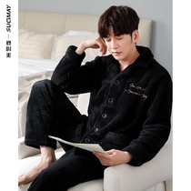2021 new pajamas mens autumn and winter long sleeve padded velvet coral velvet home clothing flannel set