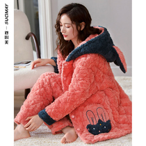 Pajamas ladies cotton winter coral velvet 2021 new three-layer plush plush warm home clothing set