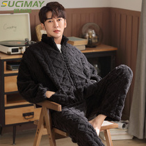 Mens pajamas coral velvet plus velvet thickened autumn and winter men 2021 New Winter Home clothing set flannel