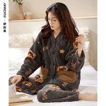 Autumn and winter pajamas ladies winter padded velvet winter warm coral velvet home clothing flannel set