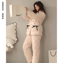 Pajamas womens winter three layers of thickened cotton Womens coral velvet birds nest velvet warm in autumn and winter can wear sweet home clothes