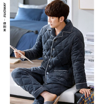 Three-layer cotton mens pajamas winter coral velvet plus velvet super thick autumn and winter flannel home clothing middle-aged dad