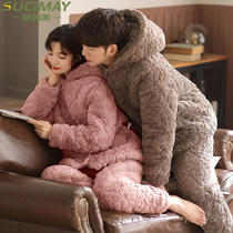Three layers of coral velvet cotton couple pajamas mens winter thickened girls 2021 new home wear autumn and winter