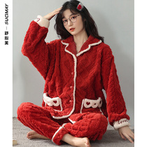 Pajamas ladies autumn and winter thick long sleeves warm coral velvet flannel home clothing plus size set autumn and winter