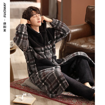 Pajamas men autumn and winter coral velvet robes winter plus velvet padded home clothing men long winter plaid hooded