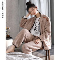 Autumn and winter pajamas ladies winter padded velvet warm coral velvet cardigan home clothing lamb suit