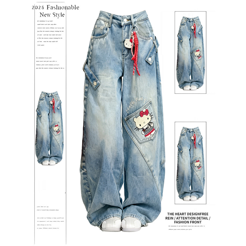 Kitty Print Blue Workwear Jeans Women's 2025 Winter New Fashionable Niche Wide-Leg Pants