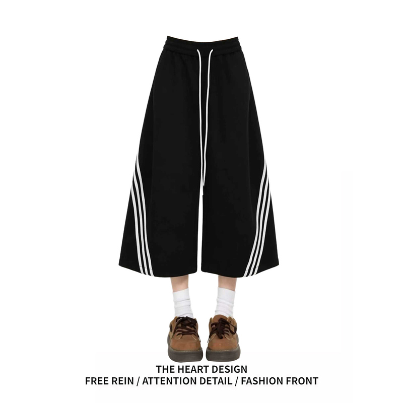 American Retro Three-Stripe Color-Block Wide-Leg Curved Hem Cropped Pants Summer New Loose Design Sports Sweatpants