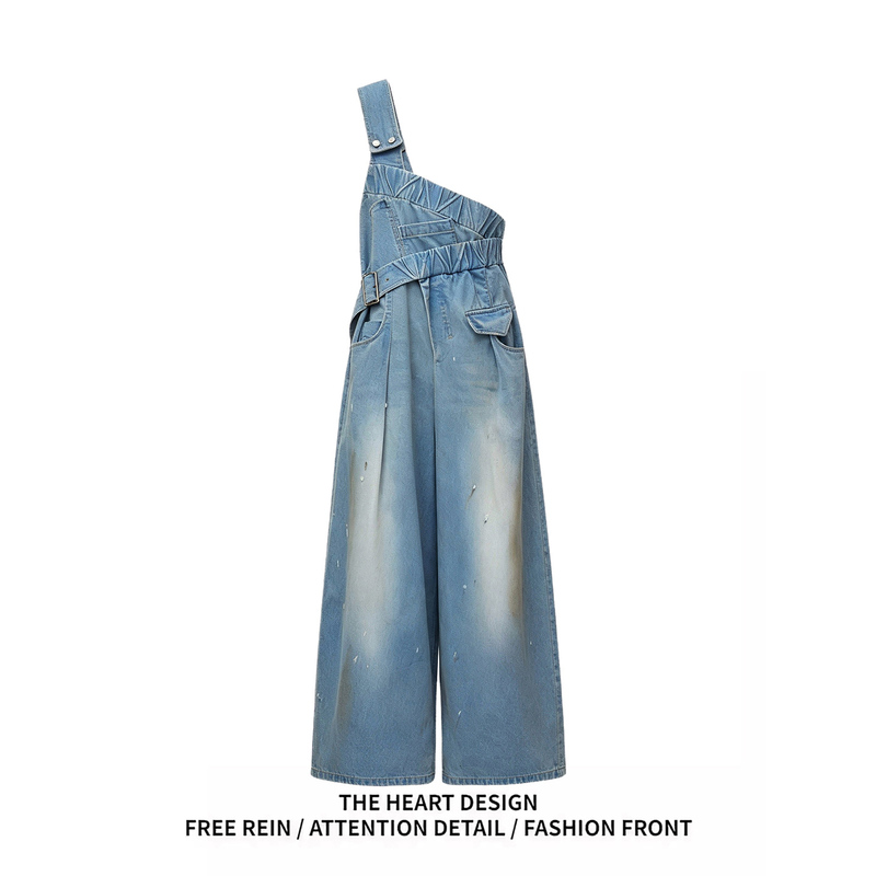 Ren Suxi Style Denim Overalls for Women, Autumn 2026 New Single-Shoulder Youthful Graffiti High-Waisted Wide-Leg Long Pants