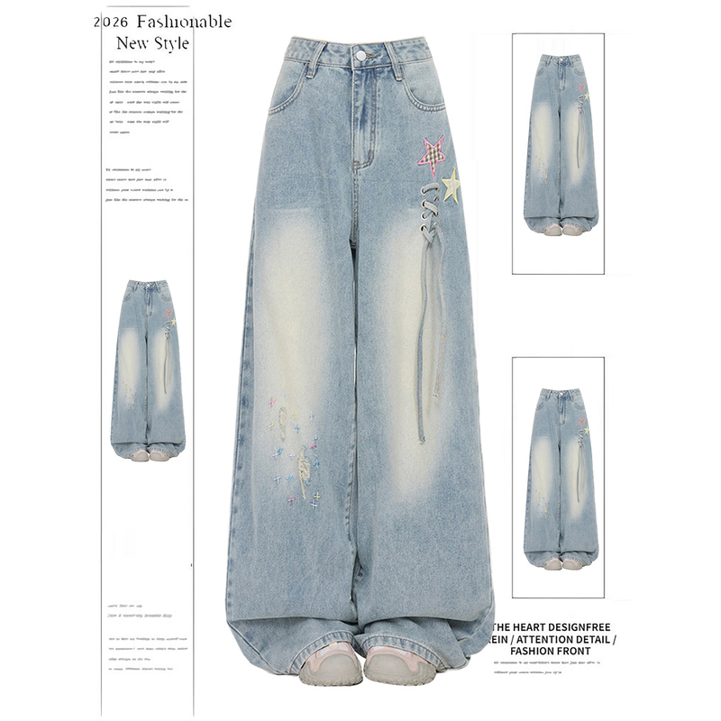 American-Style Ripped Light Blue Star-Embroidered Jeans for Women, Summer 2026 New Fashion Wide-Leg Floor-Length Pants Trendy American-Style Ripped Light Blue Star-Embroidered Jeans for Women, Summer 2026 New Fashion Wide-Leg Floor-Length Pants Trendy