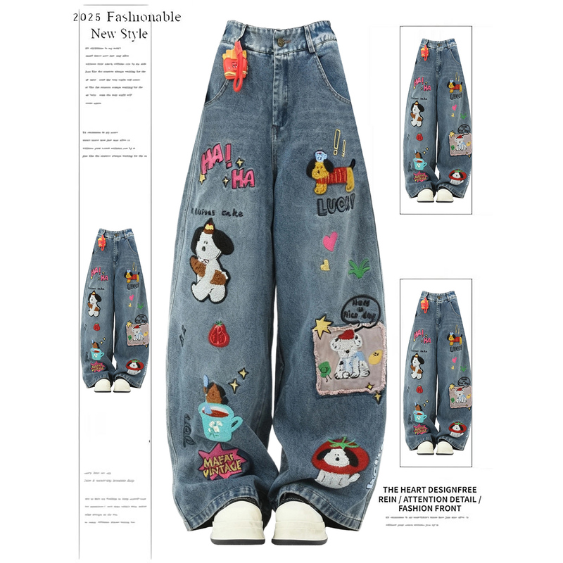 American Retro Puppy Towel Embroidery Jeans for Women, New Design for Autumn and Winter, Loose Wide-Leg Pants, Scimitar Pants American Retro Puppy Towel Embroidery Jeans for Women, New Design for Autumn and Winter, Loose Wide-Leg Pants, Scimitar Pants