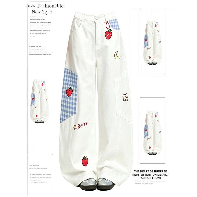 American-Style Fun Apple Puppy Embroidered Jeans for Women, Autumn and Winter Loose Fit, Vintage Washed Wide-Leg Straight Cargo Pants American-Style Fun Apple Puppy Embroidered Jeans for Women, Autumn and Winter Loose Fit, Vintage Washed Wide-Leg Straight Cargo Pants