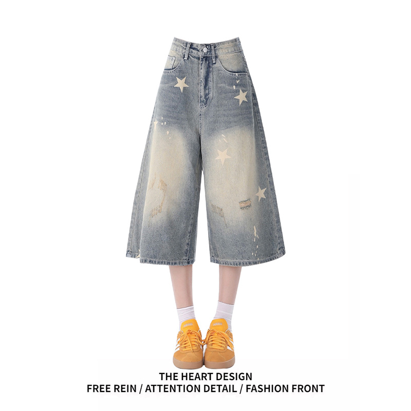 American Retro Distressed Star Print Denim Shorts for Women, New Summer Style, Loose and Trendy, Cropped Pants, Seven-Eighths Pants
