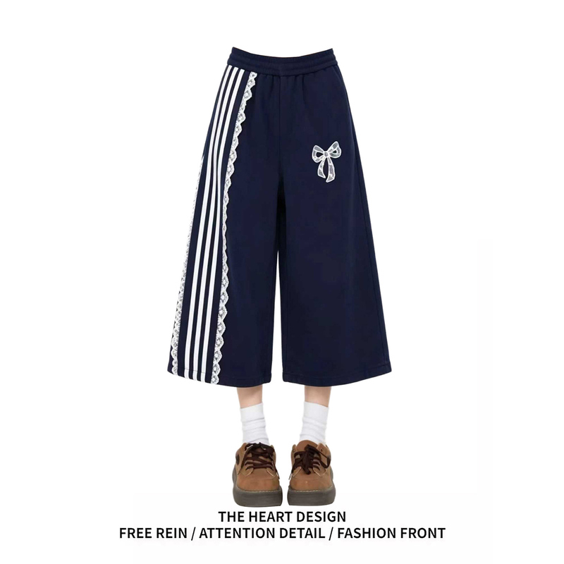 American Retro Lace Splicing Navy Blue Sports Cropped Sweatpants for Women, New Summer Straight-Leg Wide-Leg Casual Pants