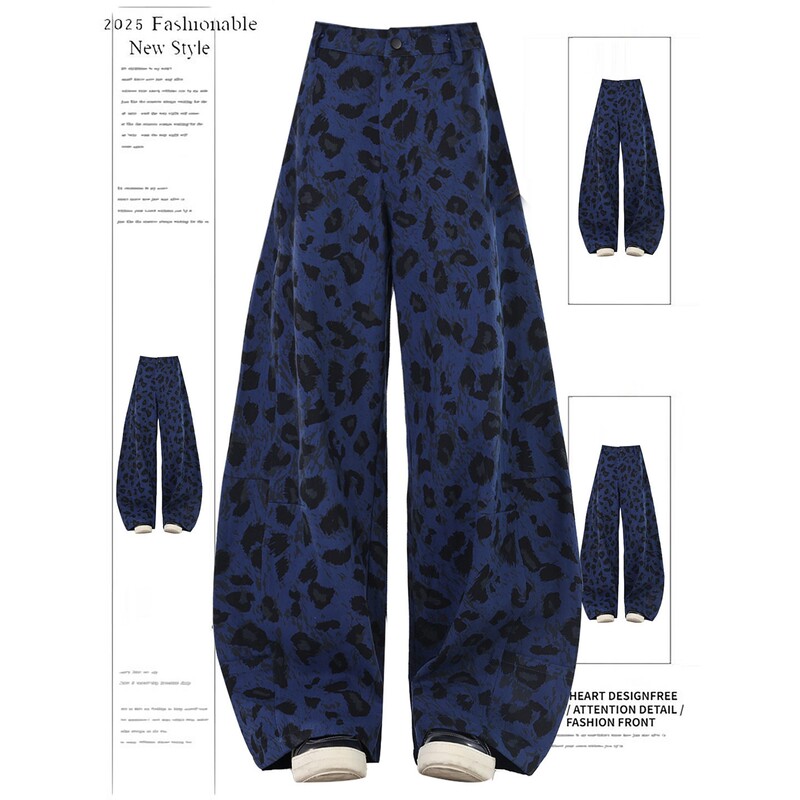 American-Style Leopard Print Scimitar Jeans for Women, 2025 Autumn New Niche High-Street Loose Slimming Casual Wide-Leg Pants