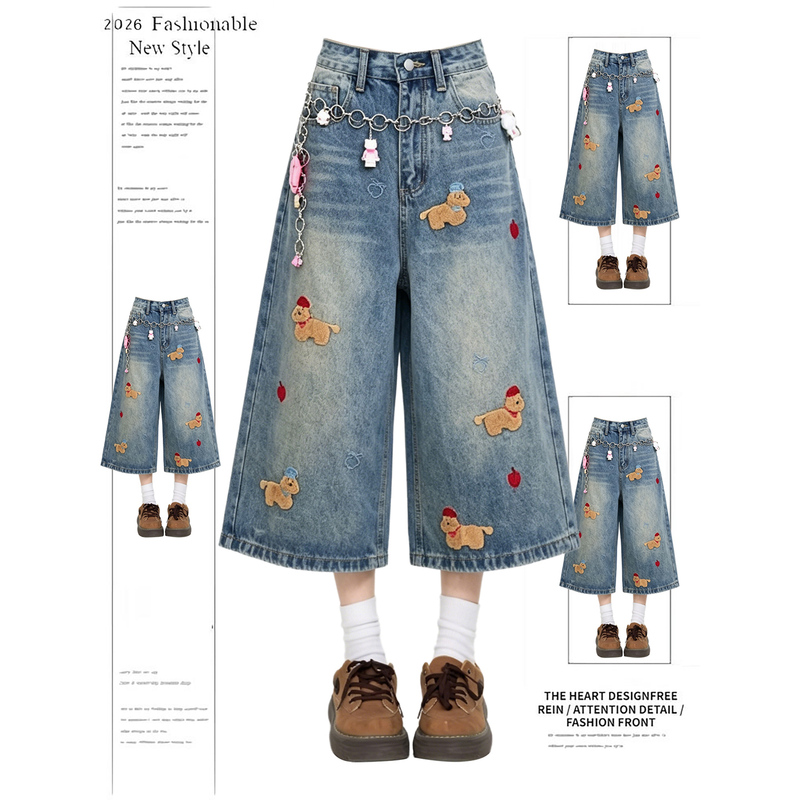 Fun Cartoon Embroidered Puppy Blue Denim Cropped Pants for Women, Summer American Retro Niche Versatile Shorts