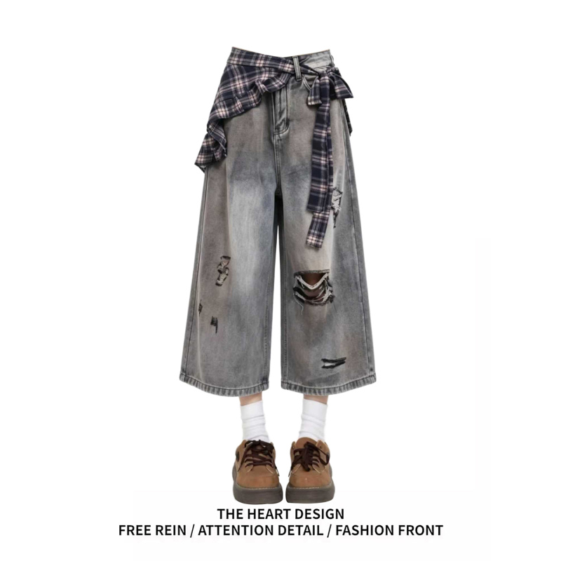 American Retro Distressed Ripped Cropped Jeans 2026 Summer New Fashion Plaid Straight Wide-Leg Pants American Retro Distressed Ripped Cropped Jeans 2026 Summer New Fashion Plaid Straight Wide-Leg Pants