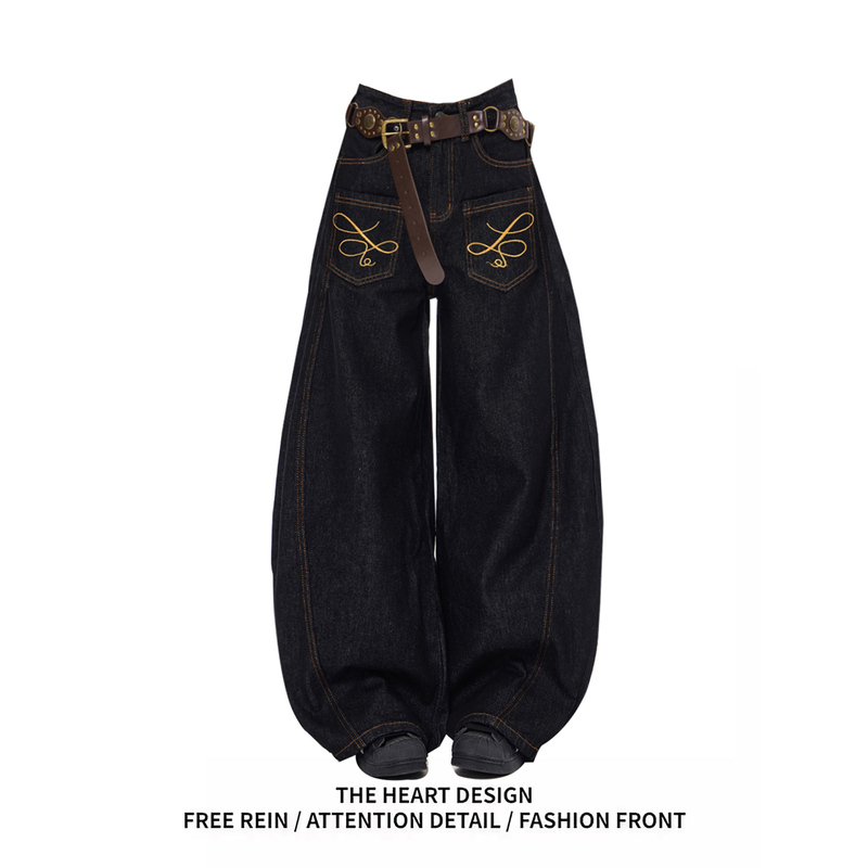 American Retro Reverse-Wear Embroidered Black Jeans for Women, Spring and Autumn Design, High-Waisted, Loose, Straight-Leg, Wide-Leg Scimitar Pants