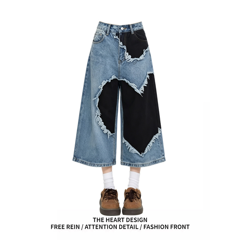 American Retro Style Frayed Edge Heart Patchwork Color-Blocked Cropped Jeans for Women, New Summer Design Straight Wide-Leg Pants