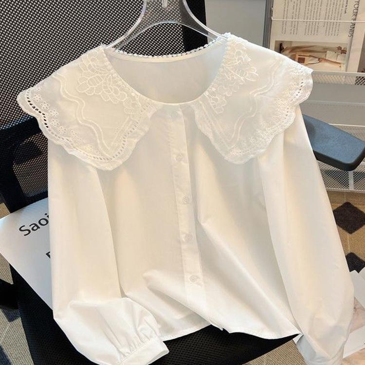 White Doll Collar Shirt for Women 2024 Autumn Korean Style Loose Sweet Lace Trim Stylish Blouse Chiffon Top
