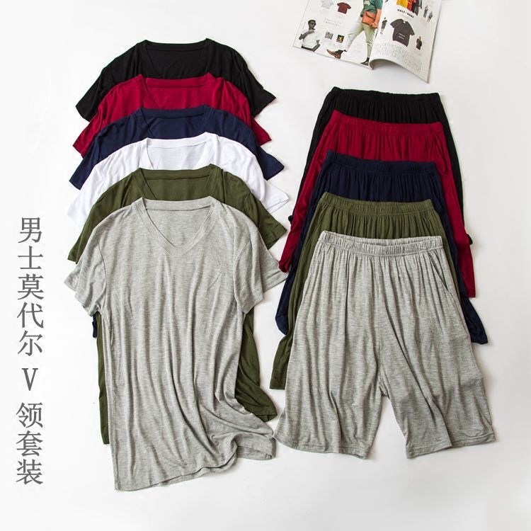 Summer men's modal pajama pants set short-sleeved shorts V-neck thin youth half-sleeved large size men's home wear