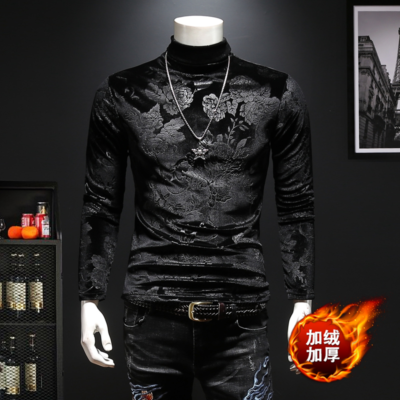 Gush thickened beating undershirt male winter new handsome gas embossed gold velvet high collar T-shirt men's warm clothing tide t