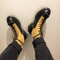 Ami khaki American retro high-top round head motorcycle Martin boots mens shoes British style leather short face tooling boots trend