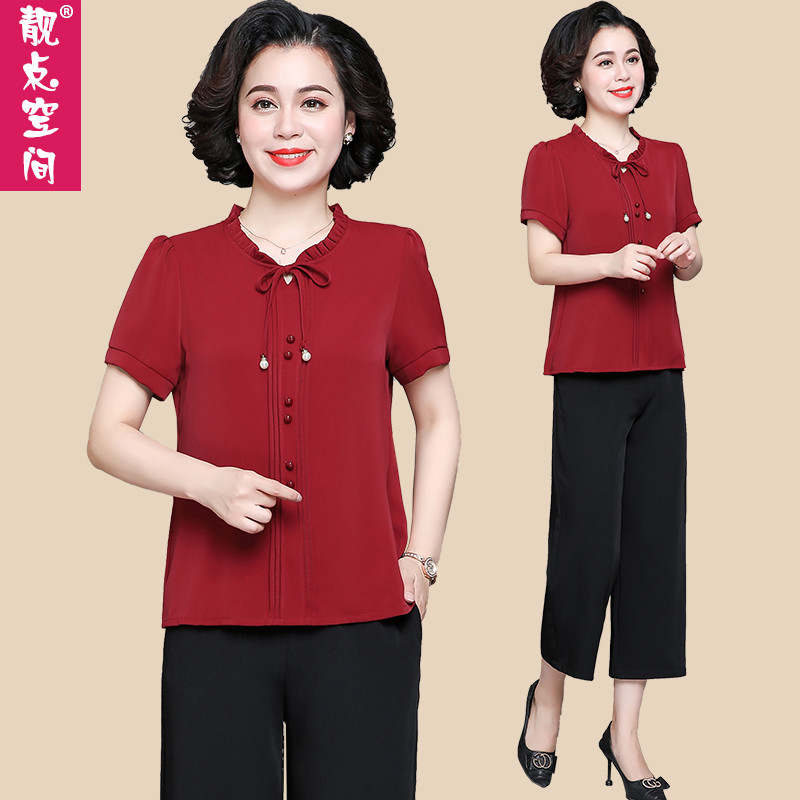 Middle Aged Mom Summer Clothing Snowspun Short Sleeve Suit Foreign Pie Dress Mid-Aged Women Fashion T-shirt Big Size Sweatshirt