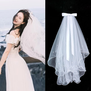 头纱头饰超仙森系网红拍照道具新娘求婚纱领证白色蝴蝶结珍珠蓬蓬