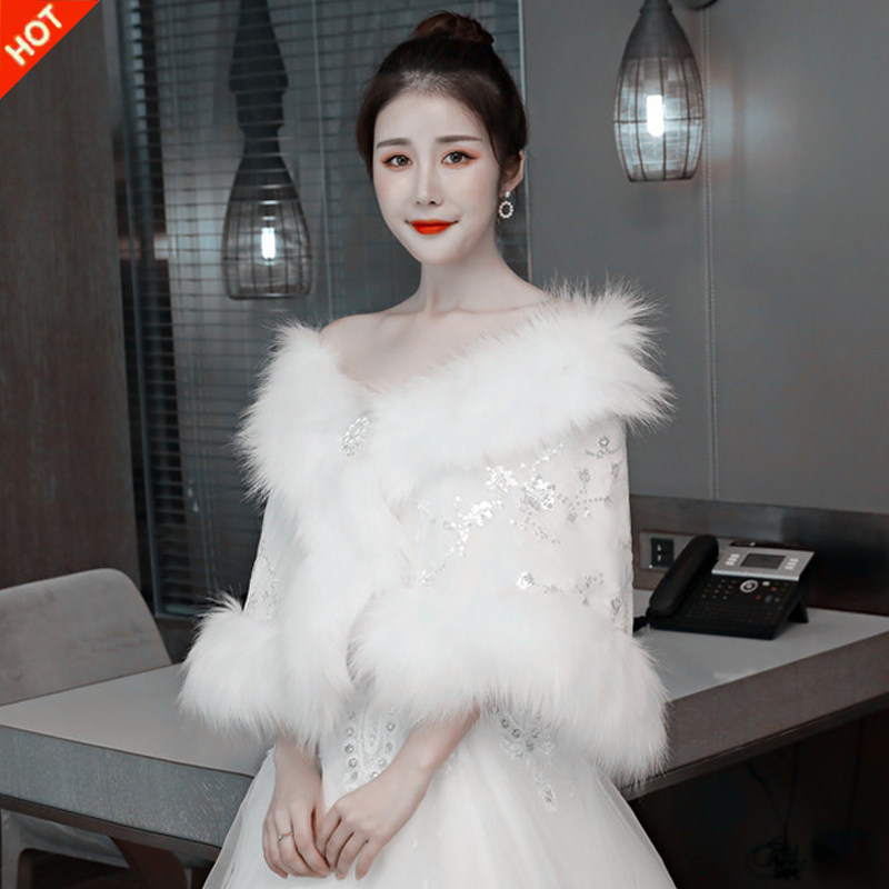 Wedding shawl autumn and winter wedding bride lace sequin wool shawl banquet fox fur large size thickening warm outer wear