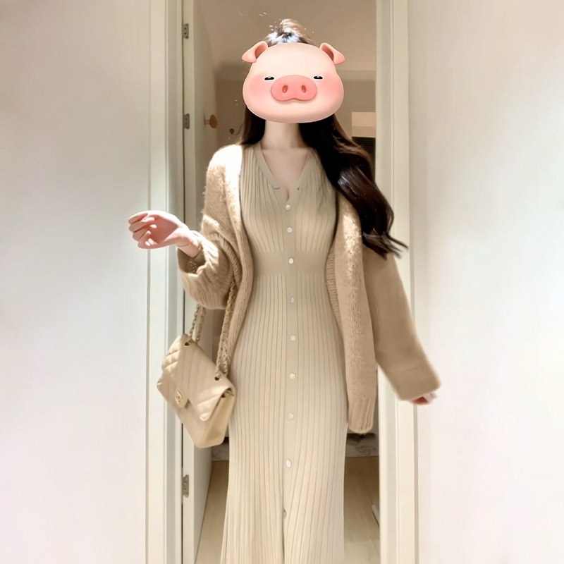 French-Style Knitted Bodycon Dress for Women, New Spring and Autumn High-End Sweater Long Skirt Two-Piece Set