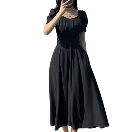 Черная цветная летняя длинная юбка, французский стиль, изысканный стиль, по фигуре, квадратный вырез, подходит для подростков