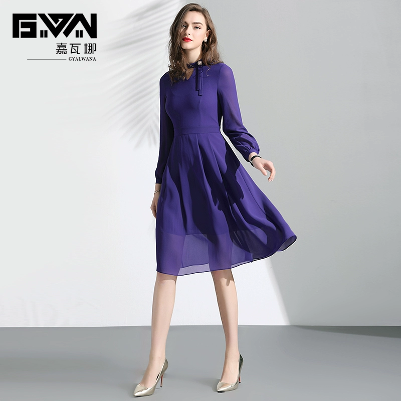 Kawana Spring 2021 váy voan dài tay màu tím mới phụ nữ tính khí eo là phụ nữ váy một dòng mỏng hơn - A-Line Váy