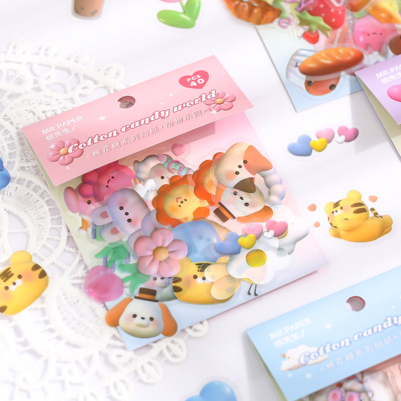 3D hand account stickers cotton candy series PVC waterproof seamless three-dimensional style stickers cute cartoon animal girl children ins wind hand account material water cup mobile phone protective shell decorative small pattern stickers