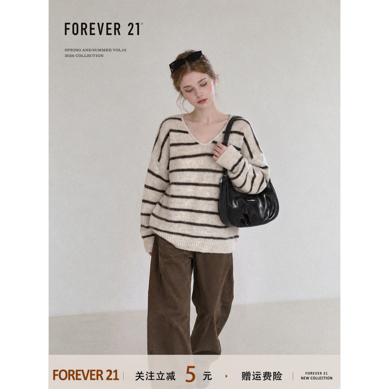 Forever21 Apricot V-Neck Long-Sleeved Sweater for Women 2026 Autum Loose Slimming Stripesd Knitted New Top Forever21 Apricot V-Neck Long-Sleeved Sweater for Women 2026 Autum Loose Slimming Stripesd Knitted New Top