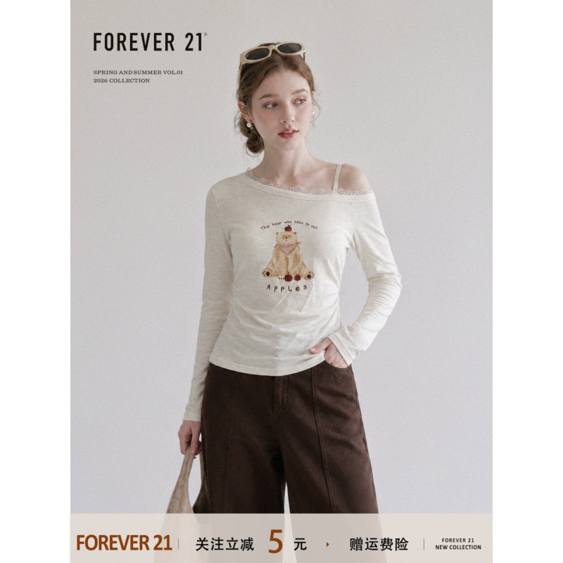 Forever21 Korean-Style Apricot Bear Print Lace Off-Shoulder Long-Sleeve T-Shirt for Women, Autumn Slim-Fit Top
