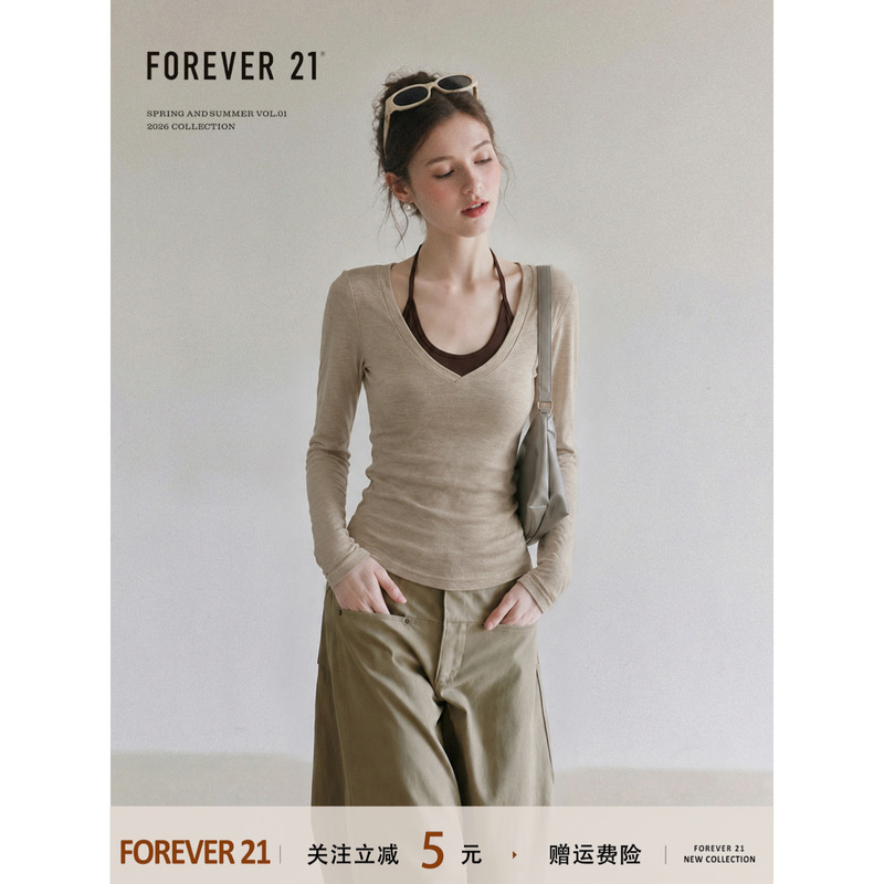 Forever21 Korean Style Regular Shoulder V-Neck Long-Sleeve T-Shirt for Women, Autumn Slim-Fit Halter Neck Padded Vest Two-Piece Set Top Forever21 Korean Style Regular Shoulder V-Neck Long-Sleeve T-Shirt for Women, Autumn Slim-Fit Halter Neck Padded Vest Two-Piece Set Top