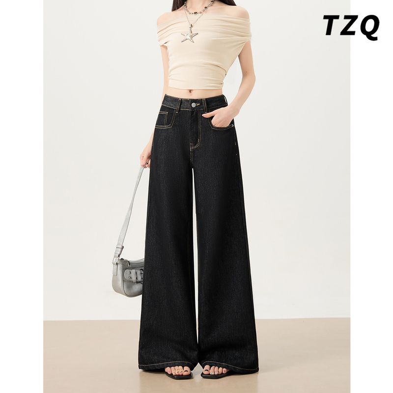 Trendy Black Low-Waist Versatile Wide-Leg Jeans for Women, Summer 2026, Loose Fit, Slimming, Casual Long Pants