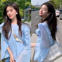 Zhao Rusi same super fairy ruffle doll shirt fairy chiffon shirt short loose foreign air flared sleeve shirt female