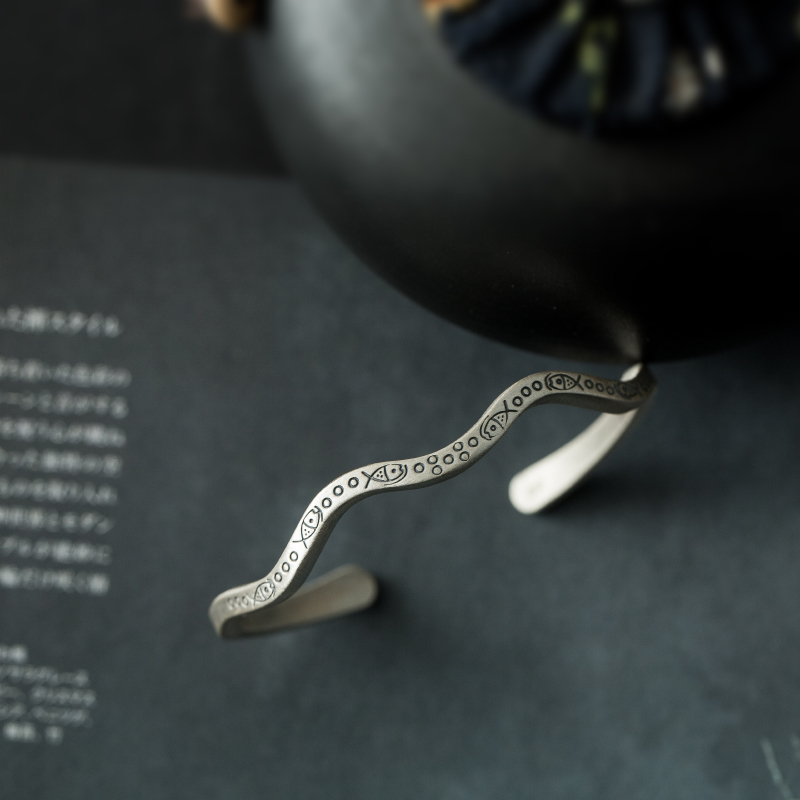 Fish Shallow Singing Water Ripple Small Fish 925 Sterling Silver Opening Adjustable Bracelet