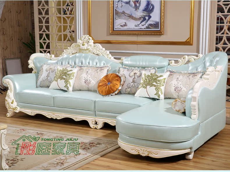 Sofa da châu Âu kết hợp phòng khách gỗ nguyên khối đầy đủ phù hợp với căn hộ nhỏ kiểu Pháp góc đơn giản Sofa da châu Âu màu xanh - Ghế sô pha ghế sofa phòng ngủ