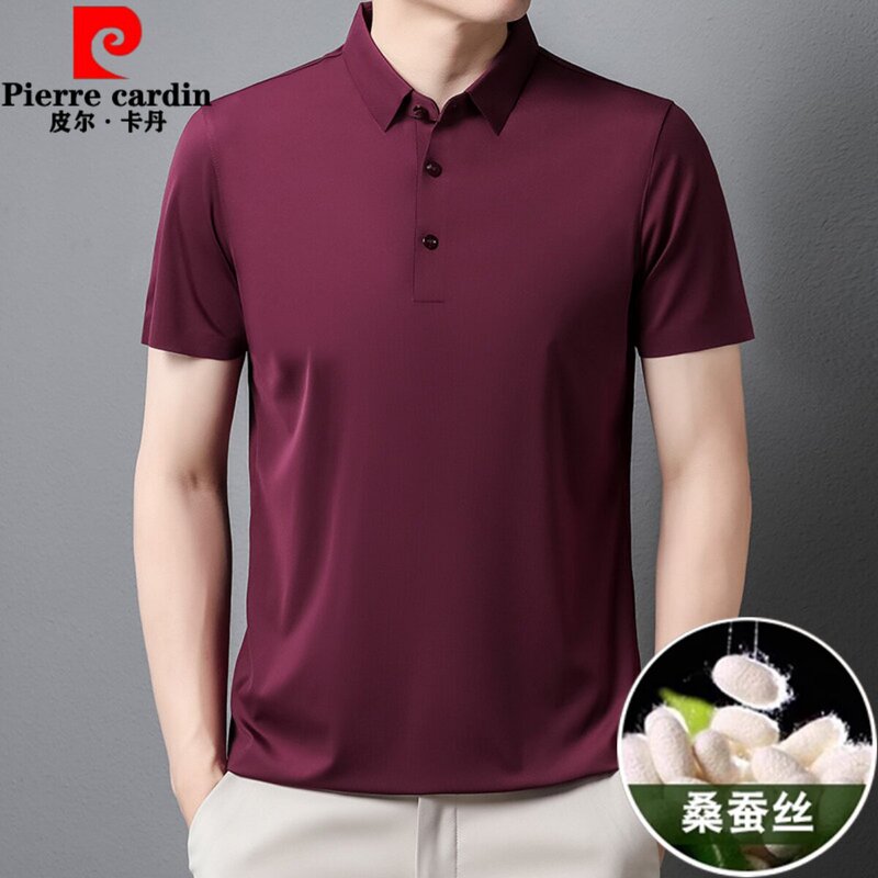 Pierre Cardin Silk Short-Sleeve Polo Shirt for Father-In-Law, Suitable for Wedding Banquets, Red Color, Can Be Worn Daily