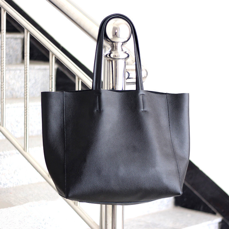 Commuting Shoulder Tote Bag Genuine Leather Extra Large Capacity Tote Soft Leather Large Bag European and American Simple Black Cowhide Women's Bag