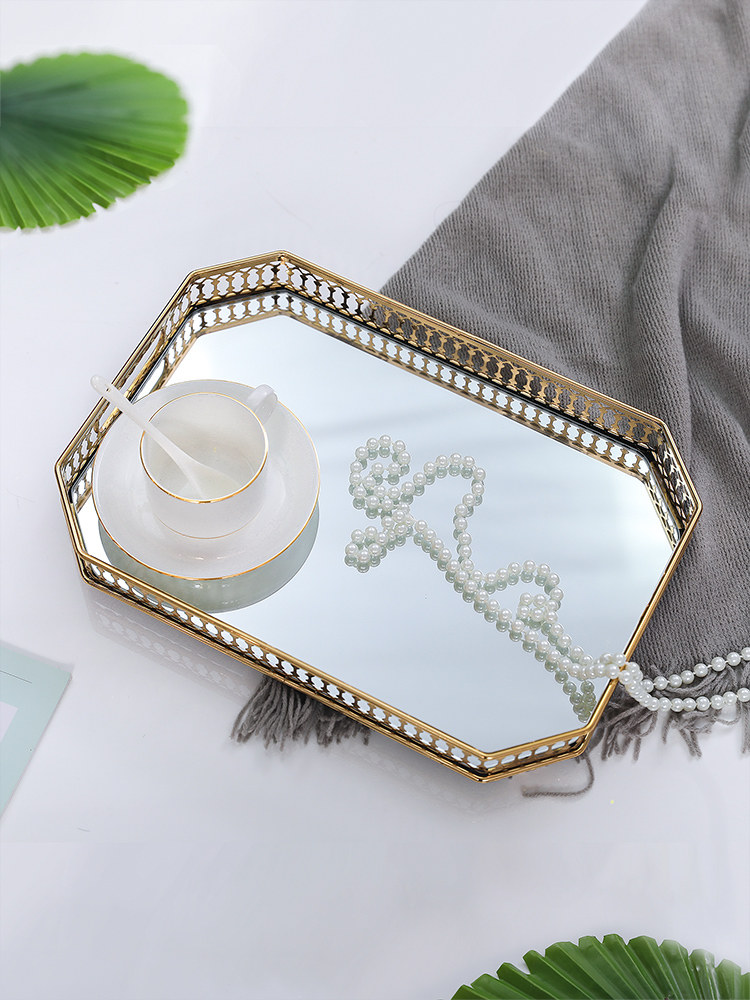 Nordic light luxury rectangular glass mirror tray Living room household put teacup jewelry metal storage plate ornaments