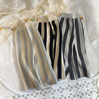 Korean version of children's knitted wide-leg pants girls autumn and winter fashion paper tube pants outer wear casual pants striped wool nine-point pants