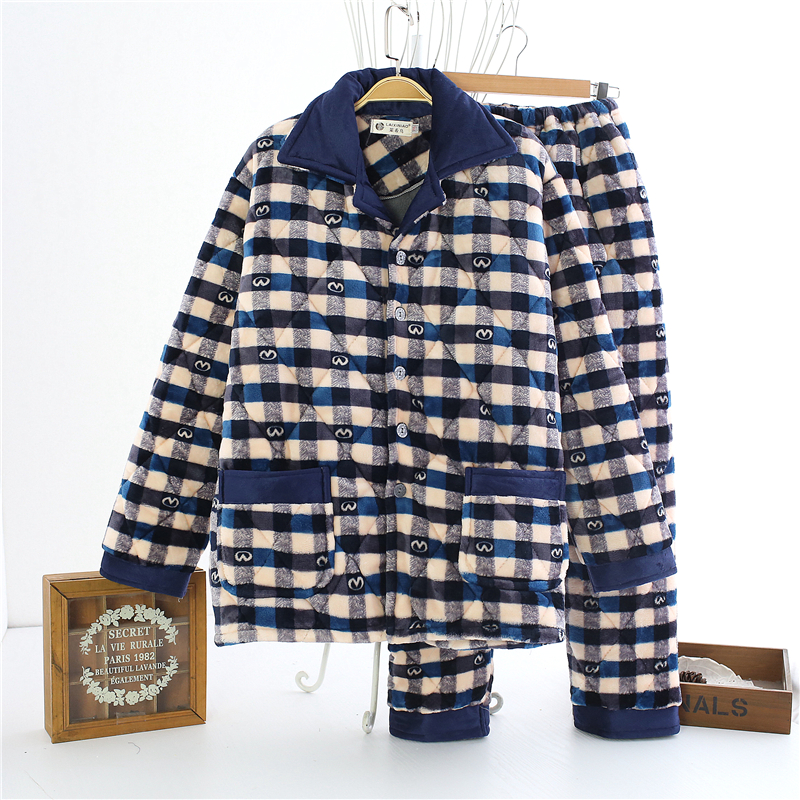 Đặc biệt hàng ngày đồ ngủ dày ba lớp nam mùa đông cotton ấm áp 袄 lông cừu san hô phù hợp với trung niên nhung nước bộ mặc nhà