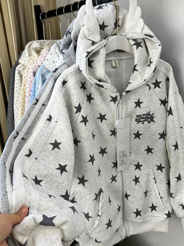 Korean Style College Wind Hoodie with Small Wings and All-Over Star Print for Women, New Autumn Lazy Chic Top Trendy