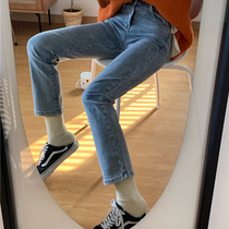 Net red straight wide legs ankle-length pants autumn Korean version of loose Joker high waist thin jeans female students pants tide